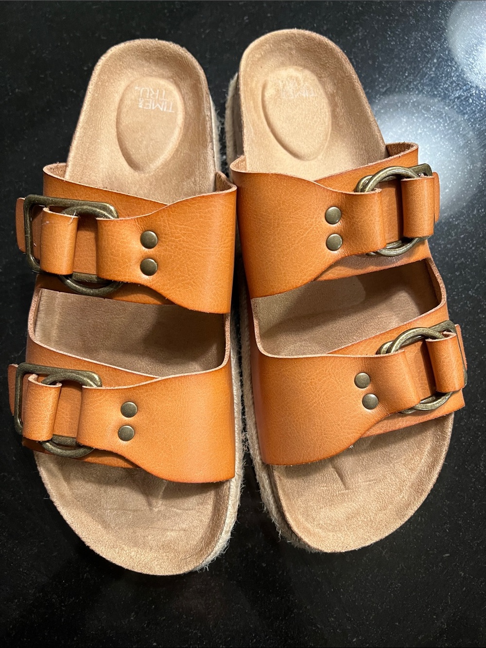 Time and Tru Cognac Double-Buckle Slide Sandals